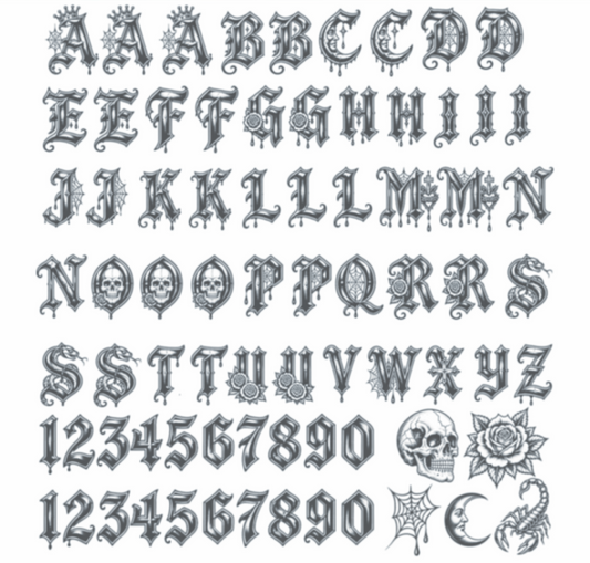 Knuck Job 5 — black and grey knuckle temporary tattoo variety sheet by HookUp Tattoos